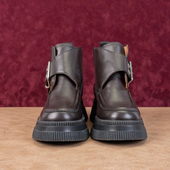 Ganni Creeper Monk Strap Dark Brown Leather Platform Ankle Boots 6.5US EUR37 - Picture 4 of 8
